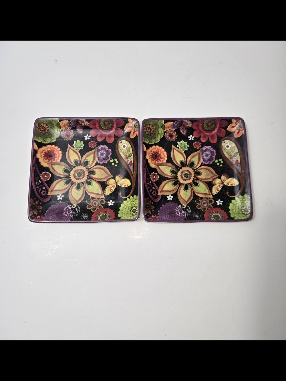 Bohemian Ceramic Square Dessert/appetizer Plate Featuring Vibrant Folk-art